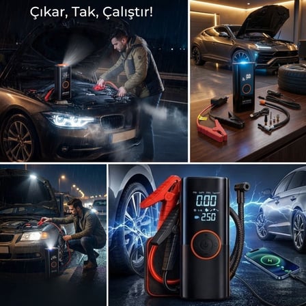 Lunaev Akü Takviye Cihazı ve Lastik Şişirme Pompası - Powerbank Özellikli, Dijital Ekranlı SOS Fener
