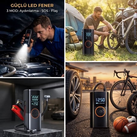 Lunaev Akü Takviye Cihazı ve Lastik Şişirme Pompası - Powerbank Özellikli, Dijital Ekranlı SOS Fener