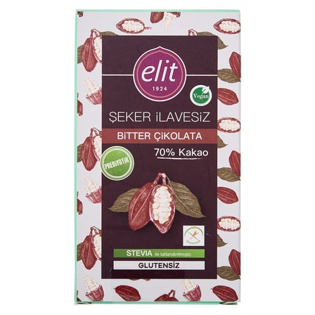 3 Adet Elit Şeker İlavesiz ve Prebiyotik Bitter Çikolata 60g