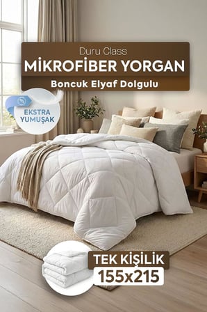 Tek Kişilik Mikrofiber Yorgan Ekstra Yumuşak Silikon Elyaf 155x215 -Silikon Elyaf Konforu Beyaz 155 x 215 DuruClass Home