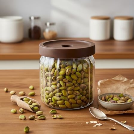 Akasya Kapaklı Çizgili Cam Kavanoz (450 ml) | Hava Geçirmez, Modern Fitilli Tasarım Gıda Saklama Kabı | Baharat, Kuruyemiş, Atıştırmalık ve Kahve Kavanozu (9x10 cm)