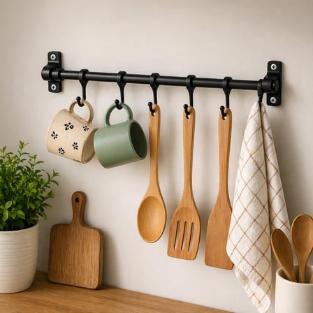 Mayaglory Siyah Duvara Monte 6 Hareketli Kancalı Mutfak Askısı, Fincan Askısı, Banyo Havluluğu ve Raylı Organizer Askılık