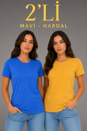 Modi Green Basic Bisiklet Yaka Yazlık Slim Fit T-Shirt - Mavi - Hardal Sarısı