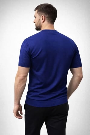 Modi Green Erkek Yazlık Triko Dokuma Tişört Kısa Kol Bisiklet Yaka Örgü Desenli T-Shirt - Lacivert