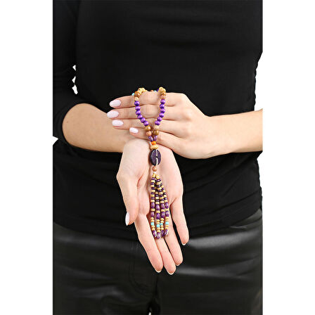 Tesbihane El Yapımı Etnik Ahşap Kombinli Mor Renk Geçişli Tekerlek Detaylı Otantik Kolye