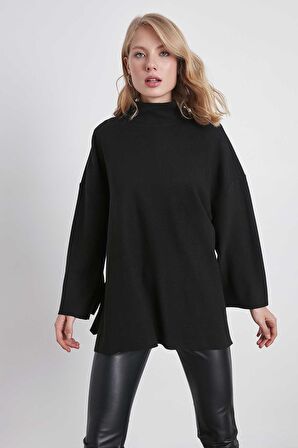 Düşük Kol Yakalı Yanlar Yırtmaçlı Örme Oversize Bluz