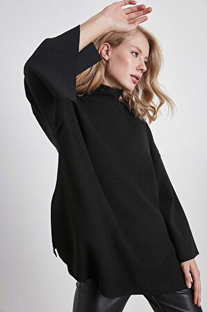 Düşük Kol Yakalı Yanlar Yırtmaçlı Örme Oversize Bluz