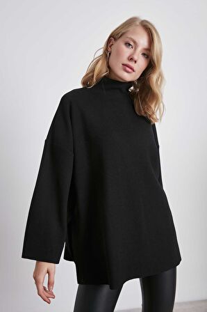 Düşük Kol Yakalı Yanlar Yırtmaçlı Örme Oversize Bluz