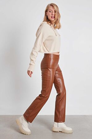 Yüksek Bel Boru Paça Suni Deri Pantolon