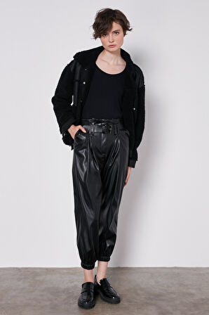 Kemerli Paça Lastikli Suni Deri Pantolon