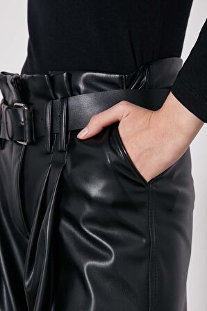 Kemerli Paça Lastikli Suni Deri Pantolon