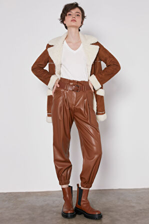 Kemerli Paça Lastikli Suni Deri Pantolon