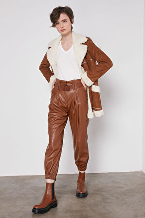 Kemerli Paça Lastikli Suni Deri Pantolon