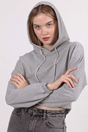 Yarasa Kol Kapşonlu Crop Sweatshirt