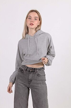 Yarasa Kol Kapşonlu Crop Sweatshirt