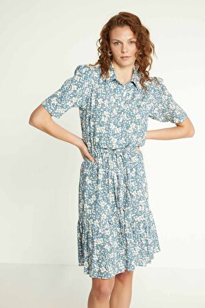 Yakalı Çıtır Çicek Desenli Elbise