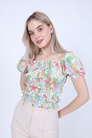 Gofreli Gipeli Meyve Desen Crop Bluz