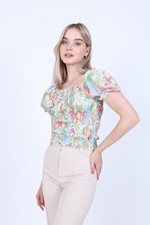 Gofreli Gipeli Meyve Desen Crop Bluz
