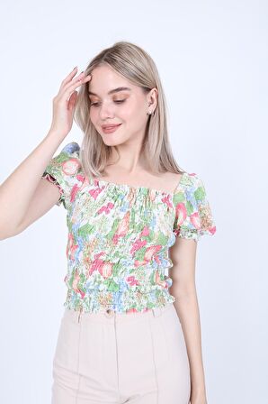Gofreli Gipeli Meyve Desen Crop Bluz