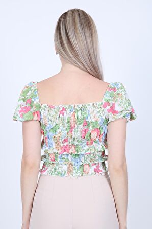 Gofreli Gipeli Meyve Desen Crop Bluz