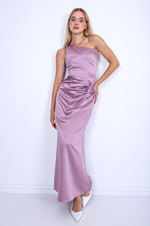 Tek Omuz Saten Maxi Elbise