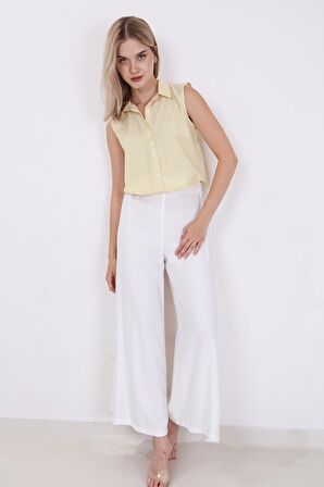 Arka Bel Lastik Detaylı Bol Paça Pantolon