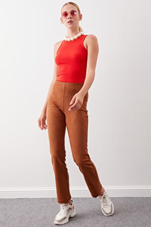 Beli Lastikli Yanı Fermuarlı Süet Pantolon