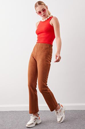Beli Lastikli Yanı Fermuarlı Süet Pantolon