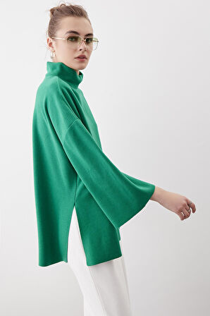 Düşük Kol Yakalı Yanlar Yırtmaçlı Örme Oversize Bluz