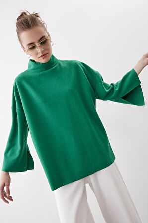 Düşük Kol Yakalı Yanlar Yırtmaçlı Örme Oversize Bluz