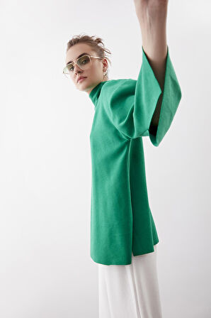 Düşük Kol Yakalı Yanlar Yırtmaçlı Örme Oversize Bluz