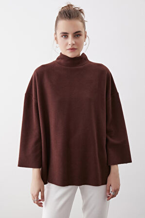 Düşük Kol Yakalı Yanlar Yırtmaçlı Örme Oversize Bluz