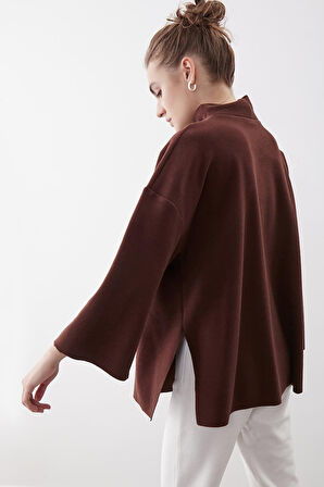 Düşük Kol Yakalı Yanlar Yırtmaçlı Örme Oversize Bluz