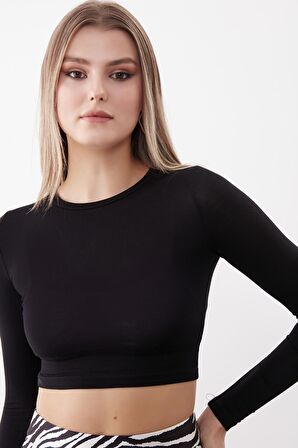 Yuvarlak Yaka Uzun Kol Crop Bluz