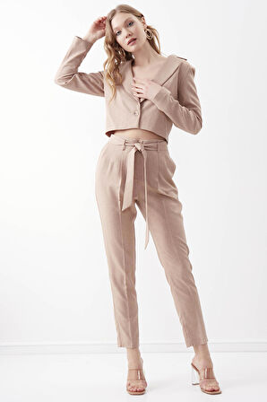Yüksek Bel Kuşak Detaylı Pantolon