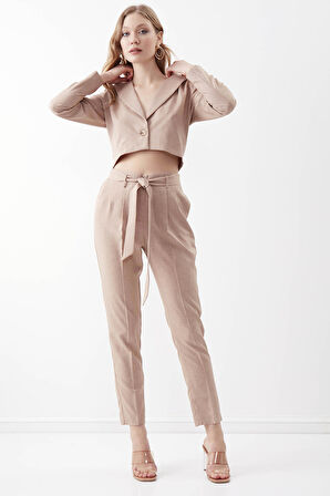 Yüksek Bel Kuşak Detaylı Pantolon