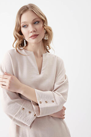 V Yaka Kolu Düğme Detaylı Cepli Elbise