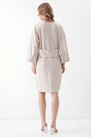 V Yaka Kolu Düğme Detaylı Cepli Elbise