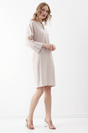 V Yaka Kolu Düğme Detaylı Cepli Elbise