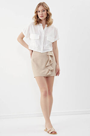 Yandan Fermuarlı Fırfırlı Mini Etek