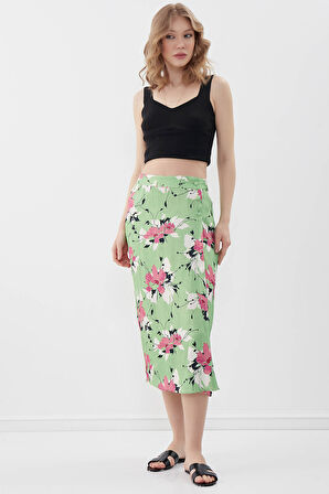 Çiçekli Midi Boy Saten Etek