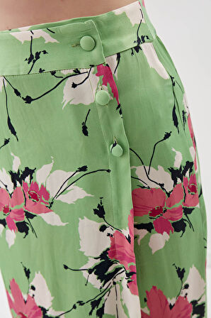 Çiçekli Midi Boy Saten Etek