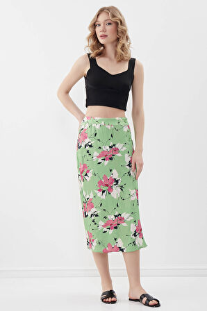 Çiçekli Midi Boy Saten Etek