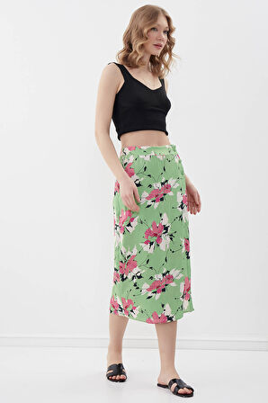 Çiçekli Midi Boy Saten Etek