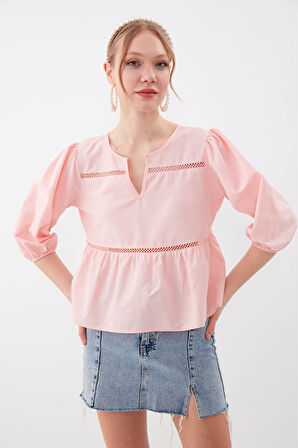 Kolları Lastikli V Yaka Bluz