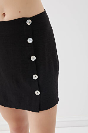 Sedef Düğmeli Viskon Keten Mini Etek