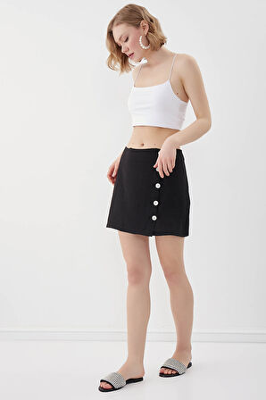 Sedef Düğmeli Viskon Keten Mini Etek