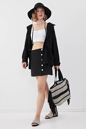 Sedef Düğmeli Viskon Keten Mini Etek