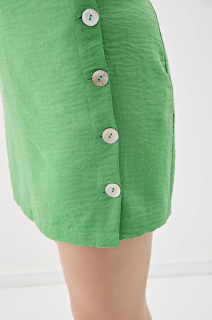 Sedef Düğmeli Viskon Keten Mini Etek