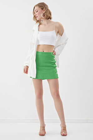 Sedef Düğmeli Viskon Keten Mini Etek